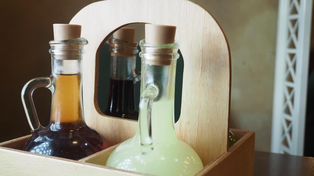 Wooden Tray with Condiment Bottles