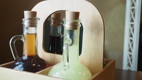 wooden tray with condiment bottles