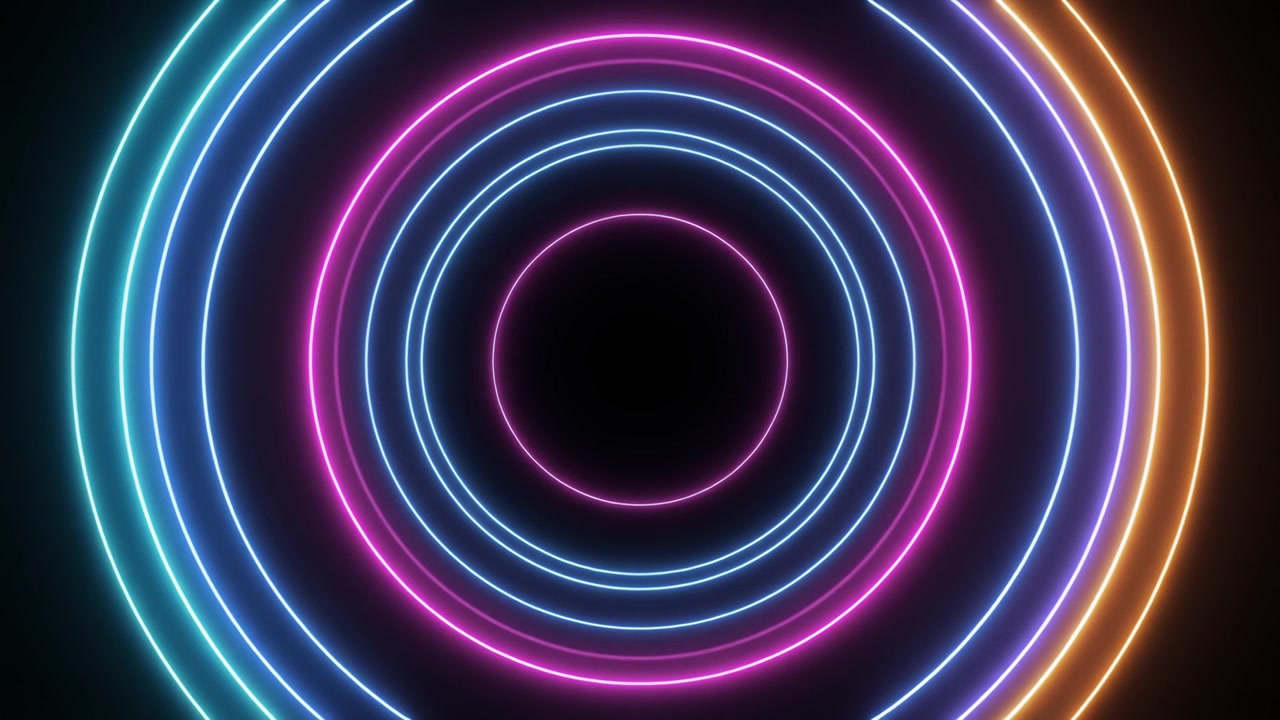 Cerchi concentrici astratti al neon luminosi e pulsanti su sfondo nero