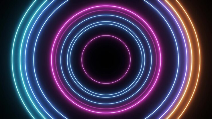 Círculos Concêntricos de Neon Luminoso Abstrato Pulsando em Fundo Preto