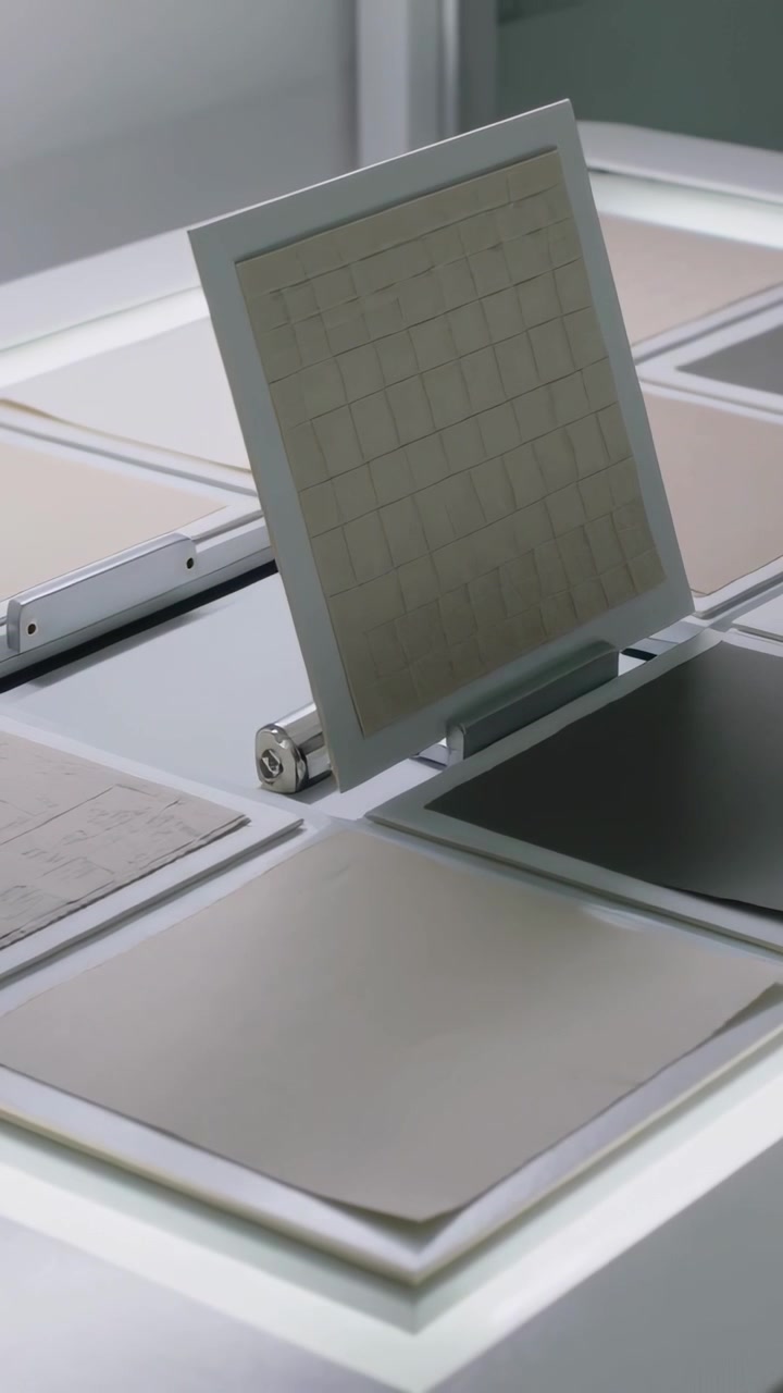 Vertical video: Actuator moving hinged tile lifting, holding, returning at lab table for grid test