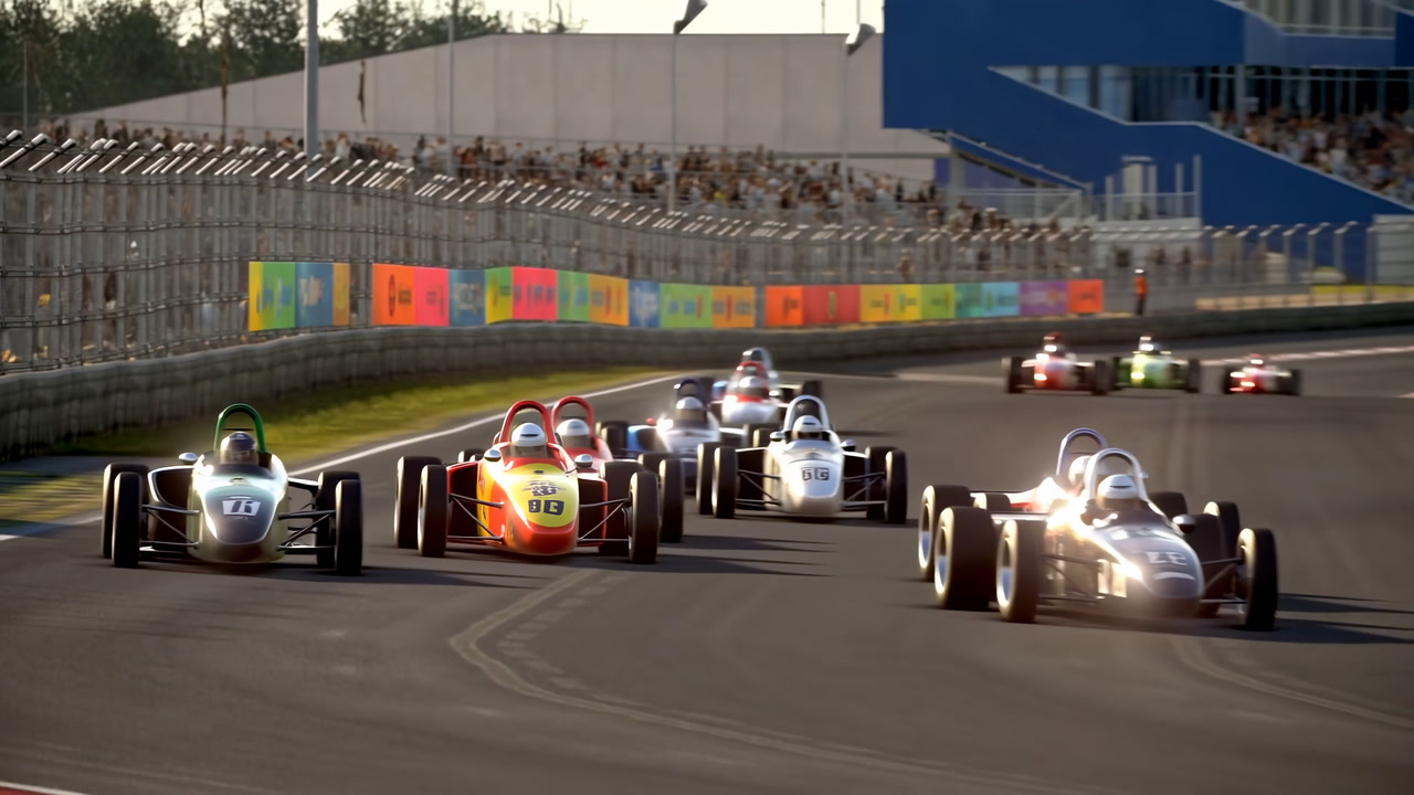 Open Wheel Race Cars Lead Pack Through Tight Sunlit Corner With Drivers In Helmets Pushing Speed, Close
