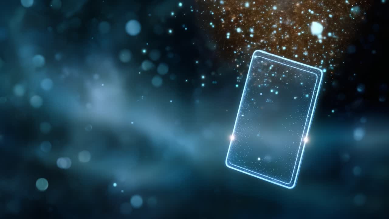 Smartphone fluttuante circondato da particelle scintillanti su uno sfondo cosmico che rappresenta la tecnologia avanzata e l'innovazione digitale