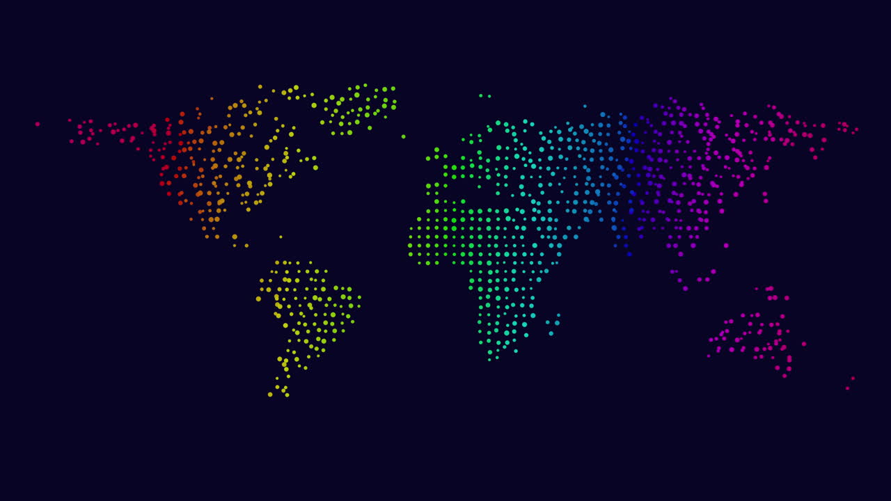 A colorful and artistic world map composed of small dots arranged in a grid pattern, forming the shapes of continents and countries with a vibrant and visually pleasing color scheme