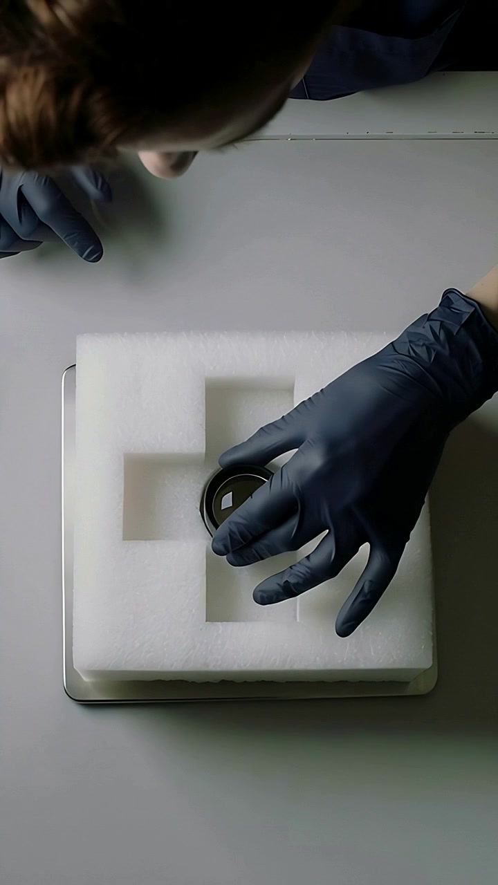 Video verticale: Tecnico con guanti neri che solleva e inserisce un obiettivo nell'inserto in schiuma su un banco da lavoro per l'imballaggio