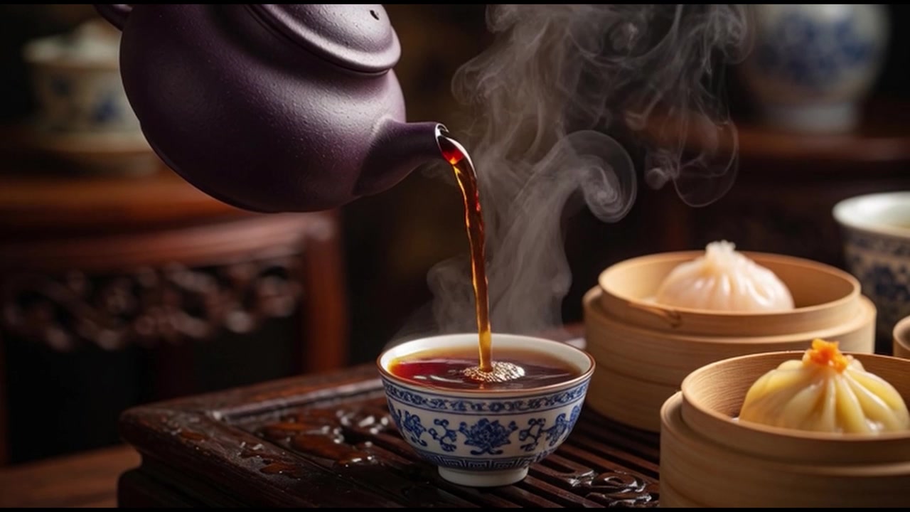 Rót trà nóng vào chén trà truyền thống Trung Quốc cùng với dim sum
