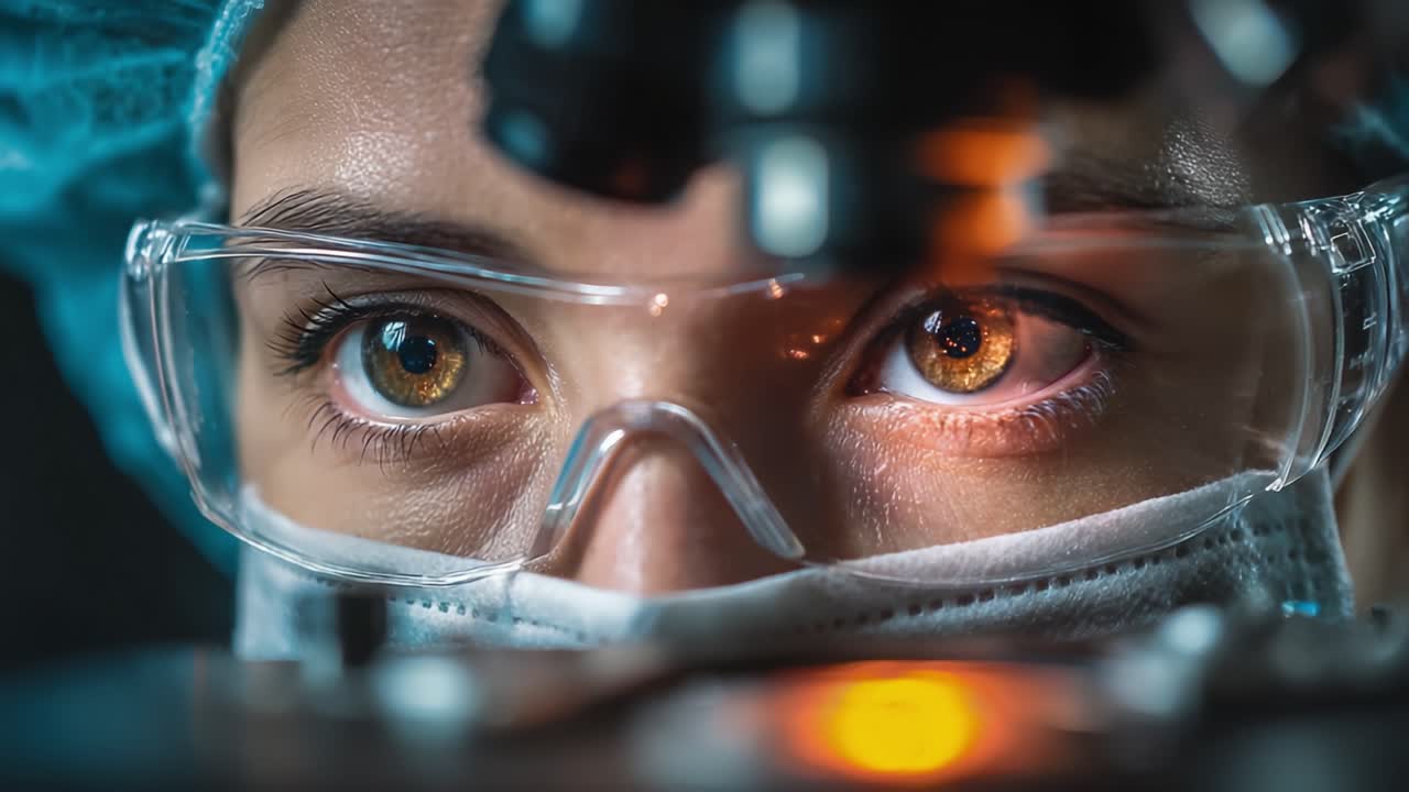 A close-up view of a focused scientist's eyes, highlighting intricate details under a microscope, with an intense gaze capturing the essence of scientific exploration and discovery