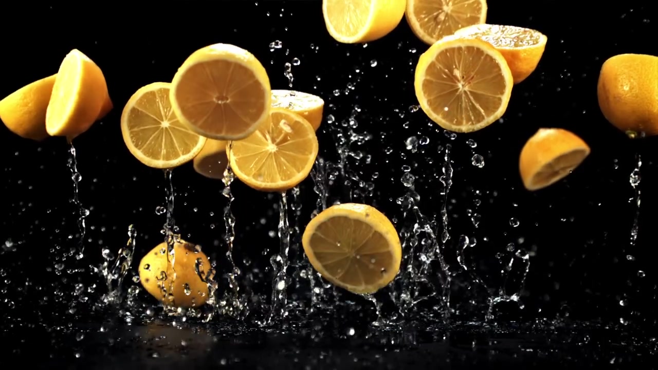 Taze Limonlar Ağır Çekimde Düşüyor ve Suya Sıçrıyor.