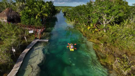 aerial view following people canoeing through a exotic, jungle channel, in bacalar, mexico