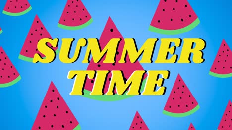 Animation-of-summer-time-over-watermelons-on-blue-background