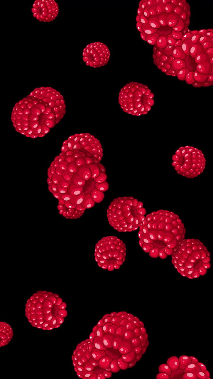 Animated red raspberries fall vertically through a dark void in a seamless loop.