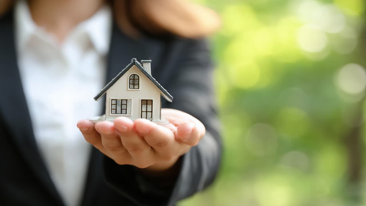 Una mujer profesional sosteniendo una casa en miniatura, simbolizando la inversión y la propiedad inmobiliaria en un entorno natural.