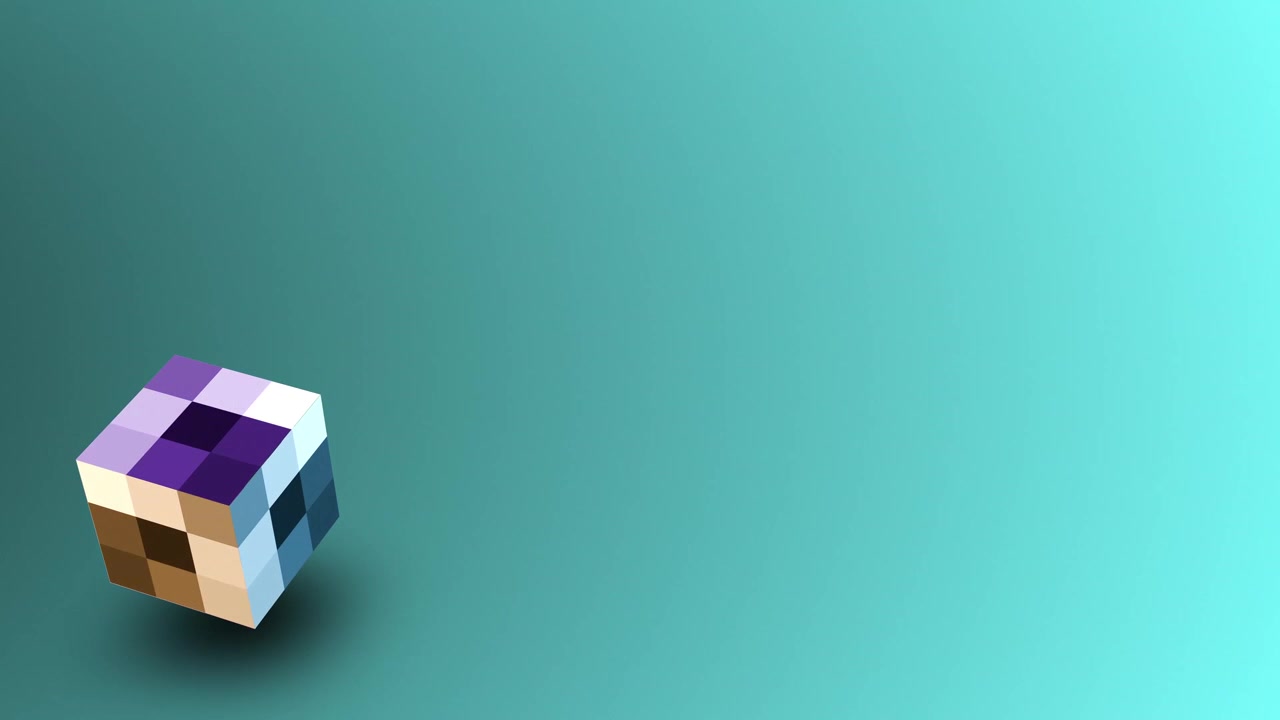 10 sekunders sømløs loop af en 3D-kube lavet af farverige blokke med et tekstureret mønster. Langsom rotation på en glat turkis gradient. Moderne minimalistisk baggrund til tech- og designprojekter