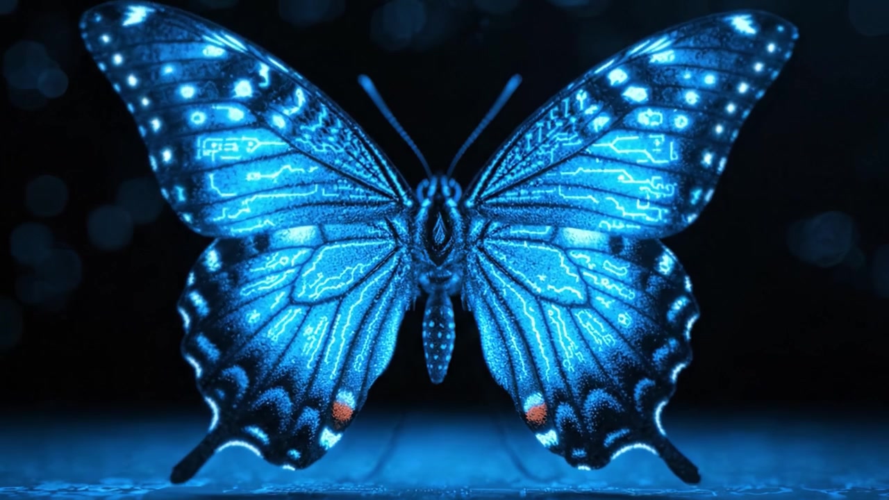 A Stunning Transformation of a Cybernetic Butterfly: From Elegance to Dynamic Digital Explosions in Mesmerizing Blue Shimmering Lights