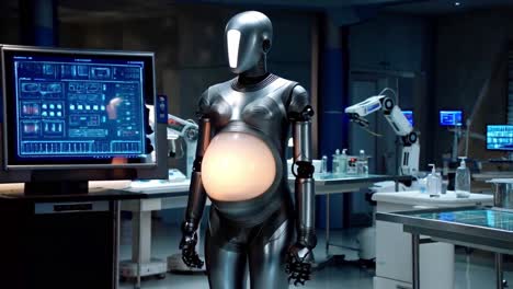 a pregnant robot in a laboratory