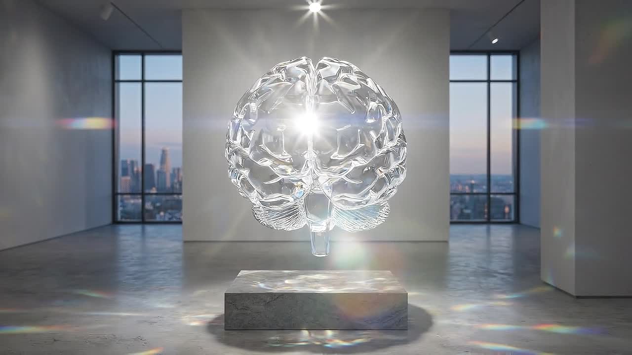Modello di cervello di cristallo rotante con bagliori di luce in una stanza moderna