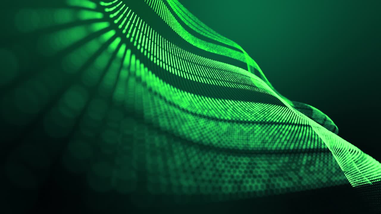 Sfondo verde astratto in loop 4K di particelle luminose che formano linee, superfici, strutture a strisce come paesaggio futuristico nel cyberspazio o ologramma. Tema sci-fi con DOF, effetti di luce e bokeh.