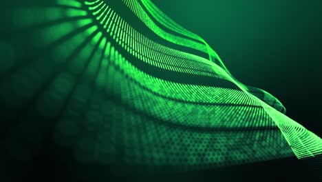4k looped abstract green background of glow particles form lines, surfaces, stripes structures as futuristic landscape in cyberspace or hologram. sci-fi theme with dof, lighting effects and bokeh.