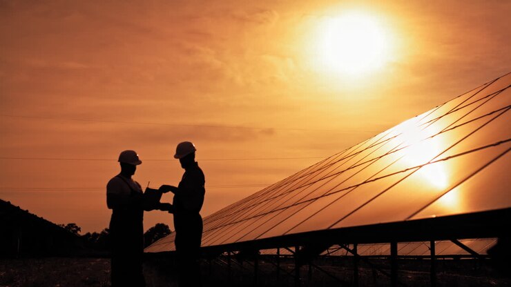 lavoratori di pannelli solari al tramonto