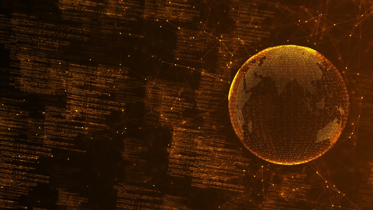 Golden rotating globe glowing nodes flowing code futuristic depicting structure of global data