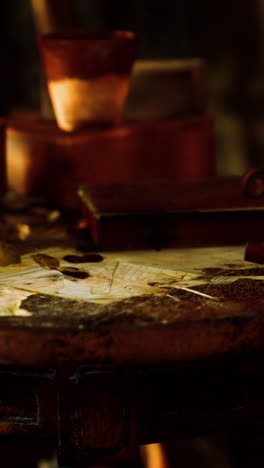 a close-up of a vintage table with a map, books, and a box