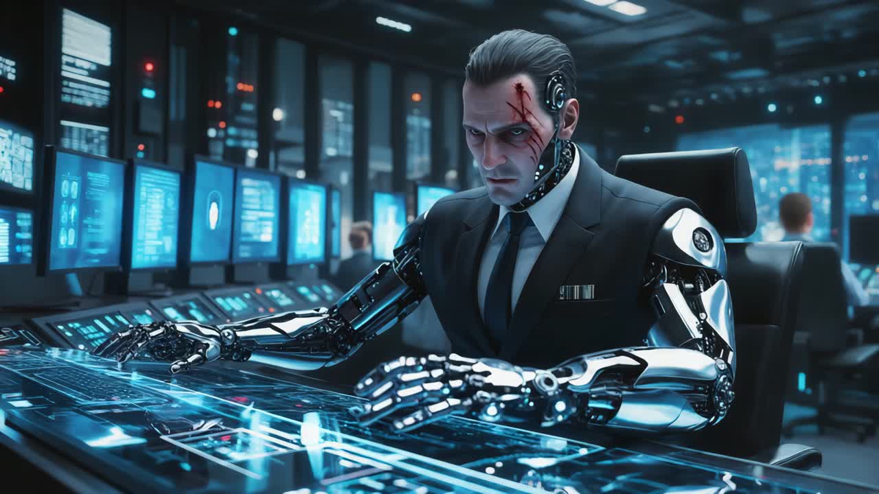 киберпанк-бизнесмен в контрольной комнате