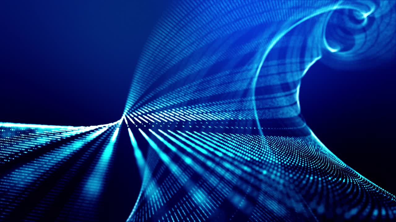 4k looped abstract background of glow particles form lines, surfaces as futuristic landscape in cyberspace or hologram. Sci-fi theme of microworld, nanotechnology or cosmic space. Blue spiral 14