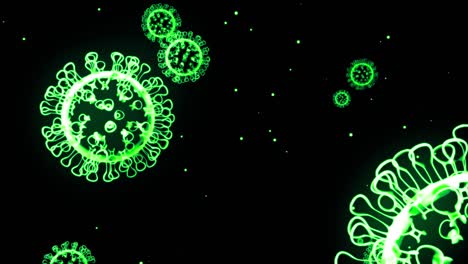 imagen holográfica brillante verde de coronavirus como el virus covid-19 o el virus de la gripe vuela en el aire o flota suavemente en fondo negro. animación 3d en 4k en bucle. para presentación informativa.