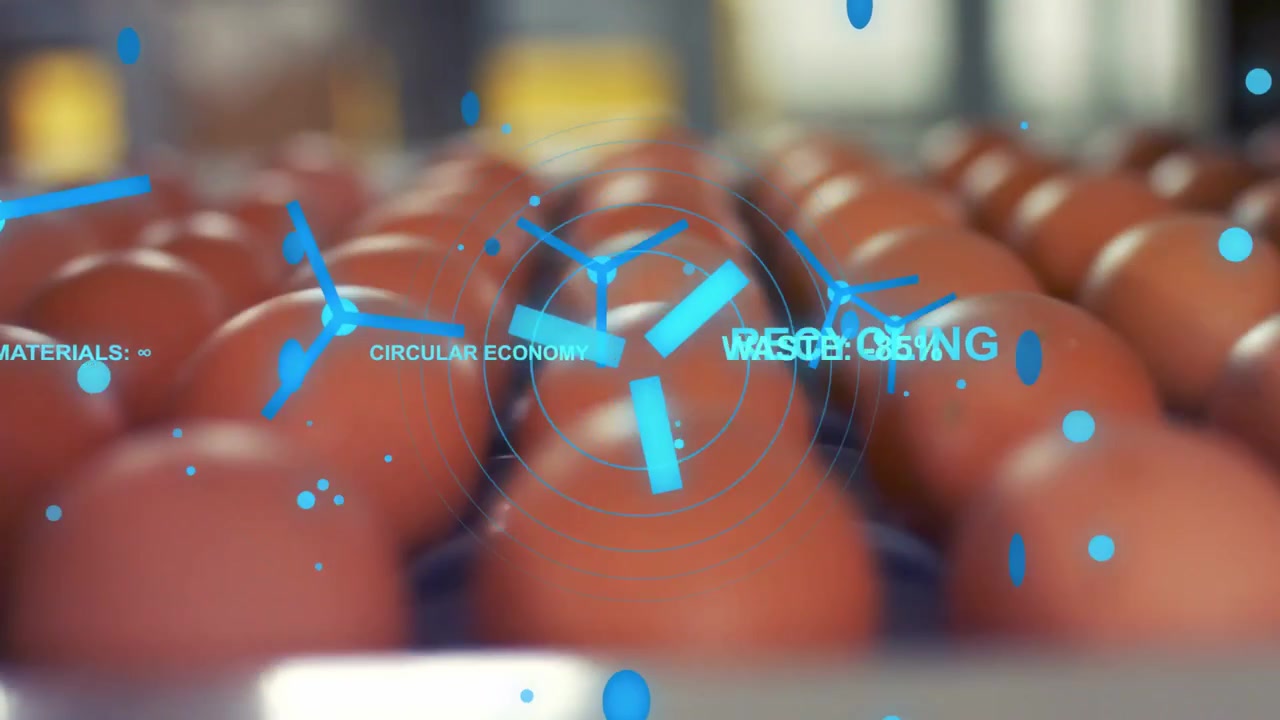 Eggs moving on food line causing blue HUD to appear, rotor rotating, text highlighting recycling