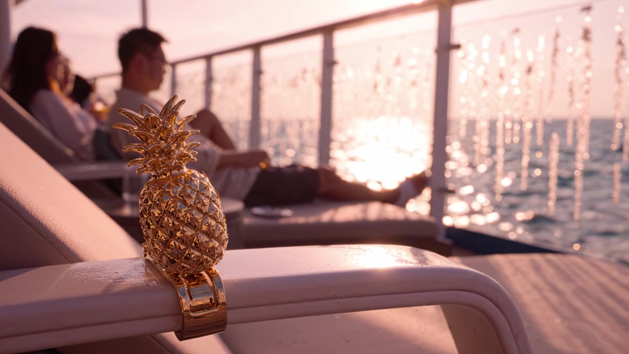 Accento decorativo a forma di ananas dorato con uno sfondo oceanico panoramico al tramonto, che cattura un'atmosfera rilassante e vibrazioni di svago vicino all'acqua.
