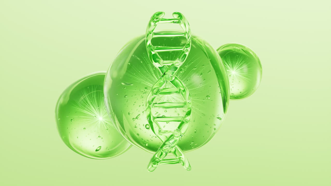 dna와 녹색 화장품 액체 공 배경, 3d 렌더링