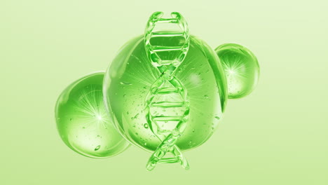 dna and green cosmetics liquid ball background, 3d rendering.