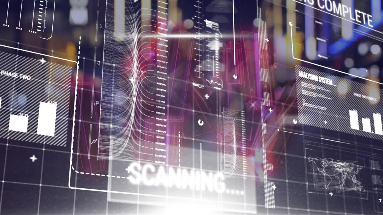 분홍색 크리스탈 모양의 애니메이션과 야간 도시 교통에 대한 데이터 처리 인터페이스.