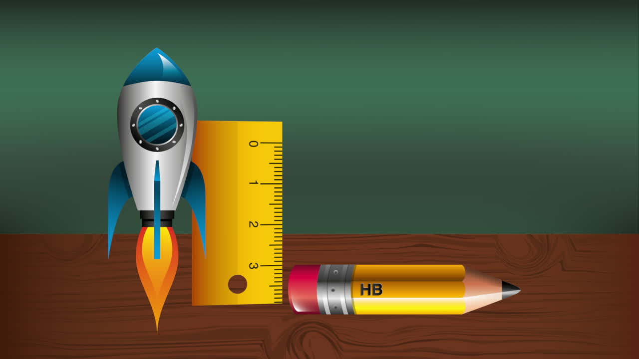 pencil with rocket and rule infographic animation