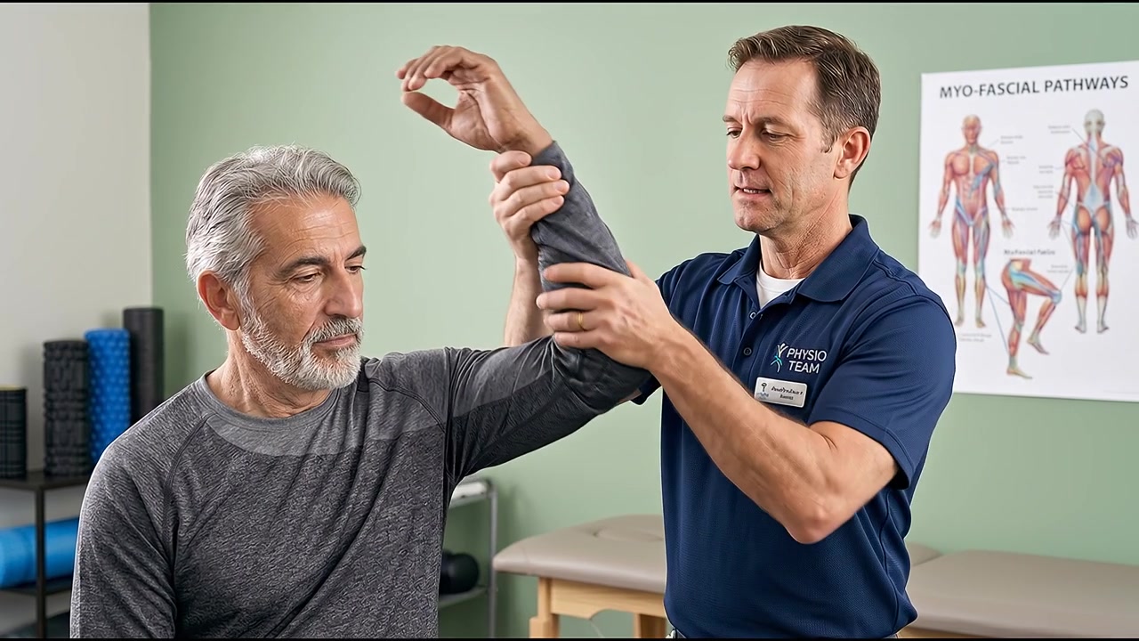 Physiotherapist explaining shoulder movement exercise to senior patient during rehabilitation therapy session indoors
