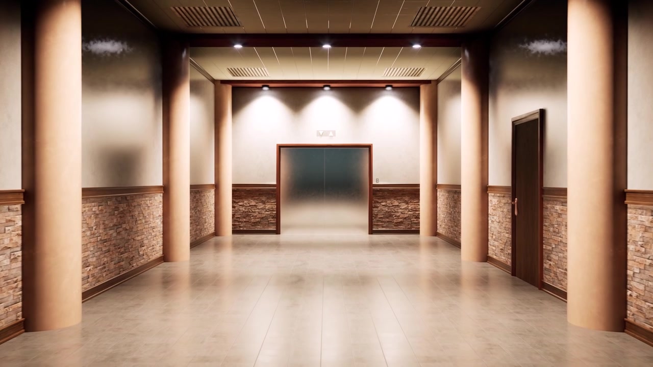Um corredor moderno com iluminação elegante, piso de azulejo liso, paredes com pedra, acabamentos e portas de madeira, e um elevador no final. Animação 3D, zoom de câmera mais rápido