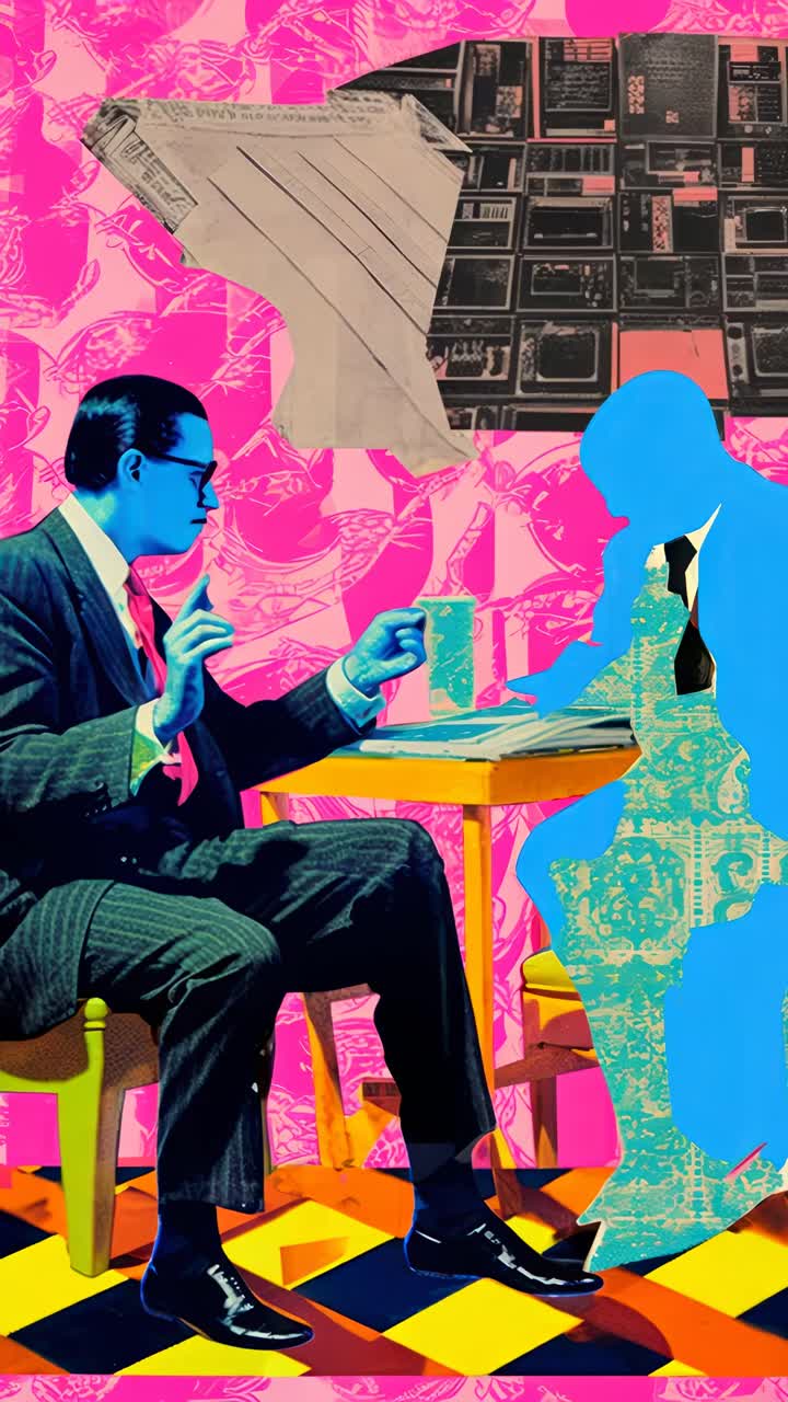 Vibrant pop art style video concept with a low-angle view, featuring two abstract figures