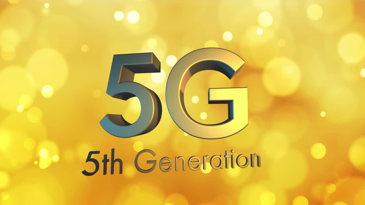 animación de texto de 5g de quinta generación sobre manchas doradas