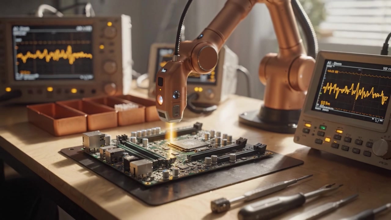 Precision Robotics in Electronics Testing: Automated Arm Analyzing Circuit Board with Advanced Instrumentation for Detailed Diagnostics and Performance Evaluation