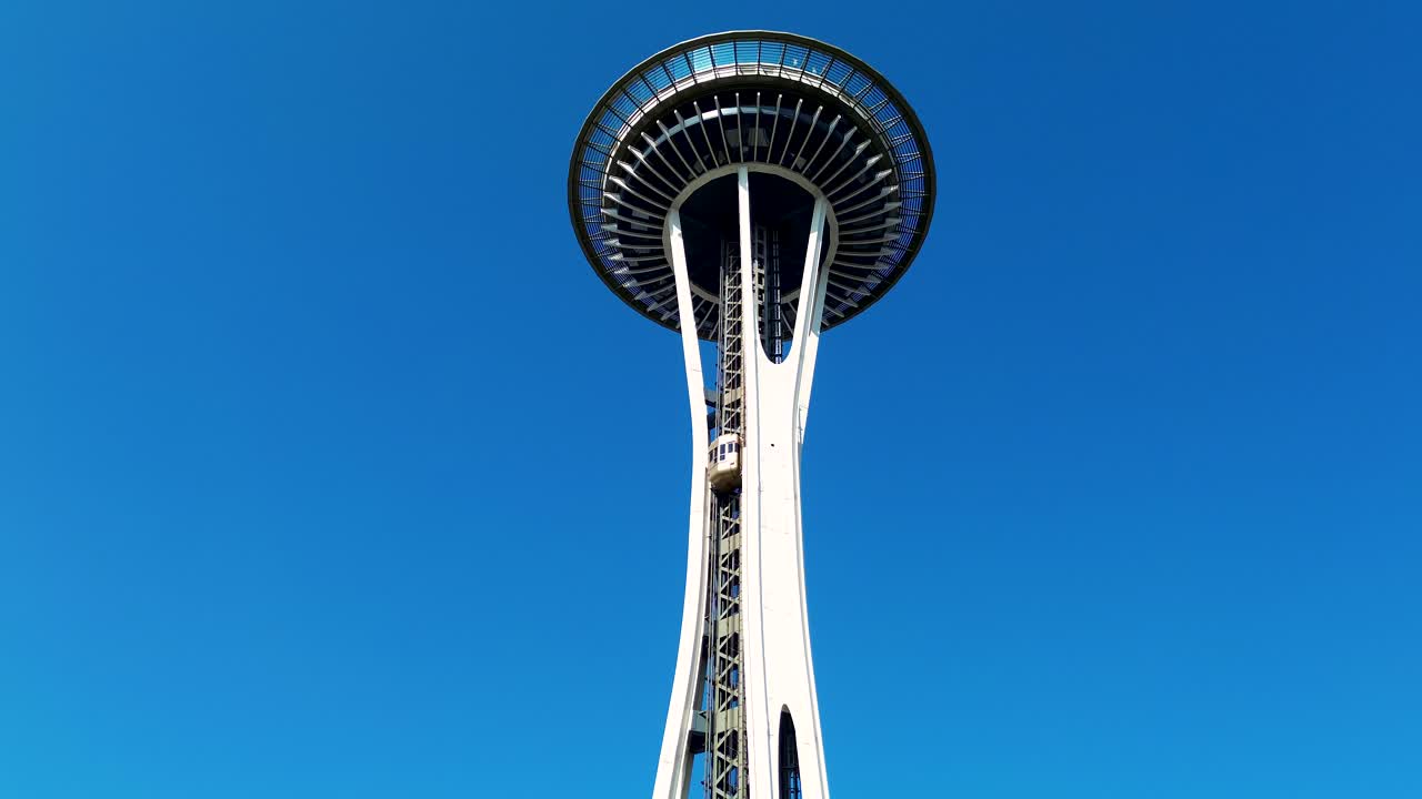 Drone landscape of the Space Needle observation tower building viewpoint lookout in Seattle CBD city skyline Washington USA America tourism infrastructure architecture design