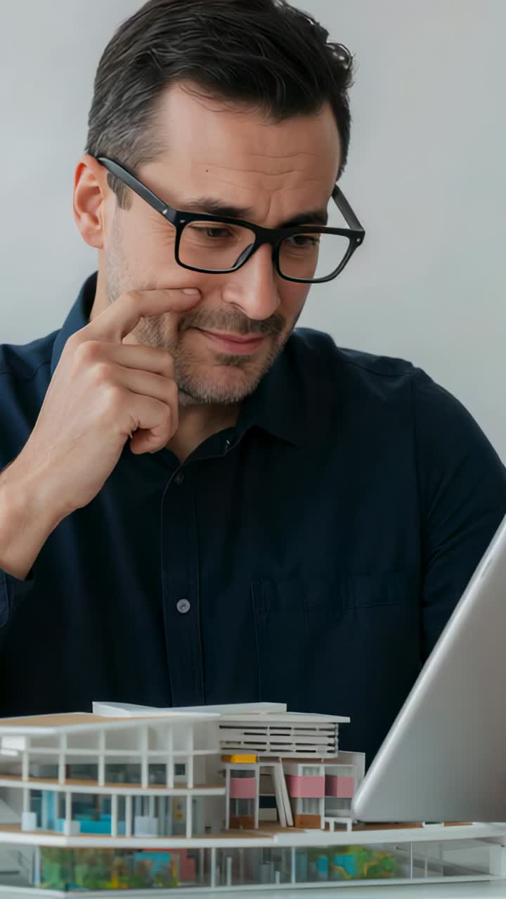 Vertical video: Glancing at laptop man in navy shirt studying scale model at desk checking size