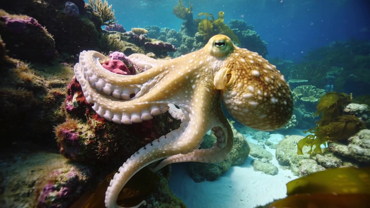 Polpo di barriera che sonda, estendendo e riorganizzando i tentacoli su un affioramento roccioso sommerso, esplorando una macchia rosa.