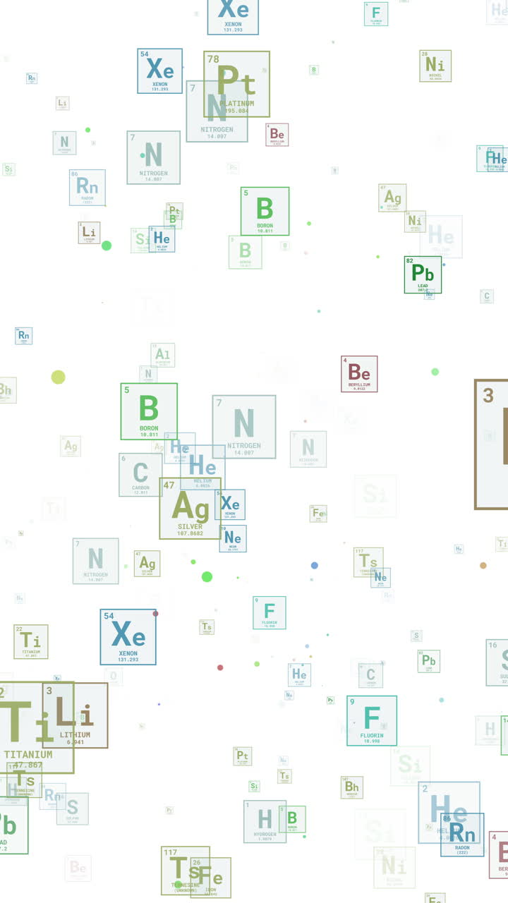 Flying square icons of the chemical elements of the periodic table on a white background. Vertical video.