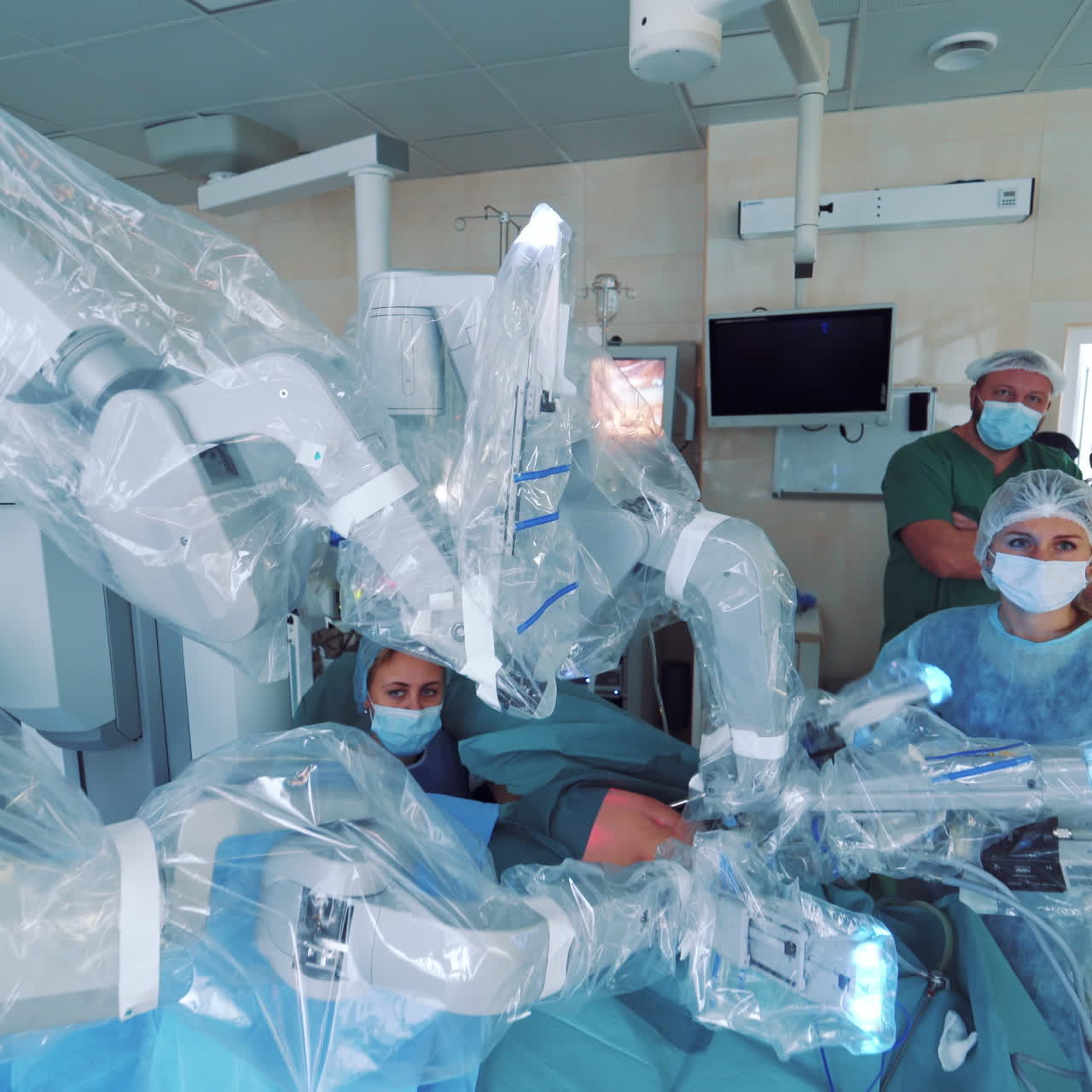 Modern surgical system. Medical robot. Minimally invasive robotic surgery.