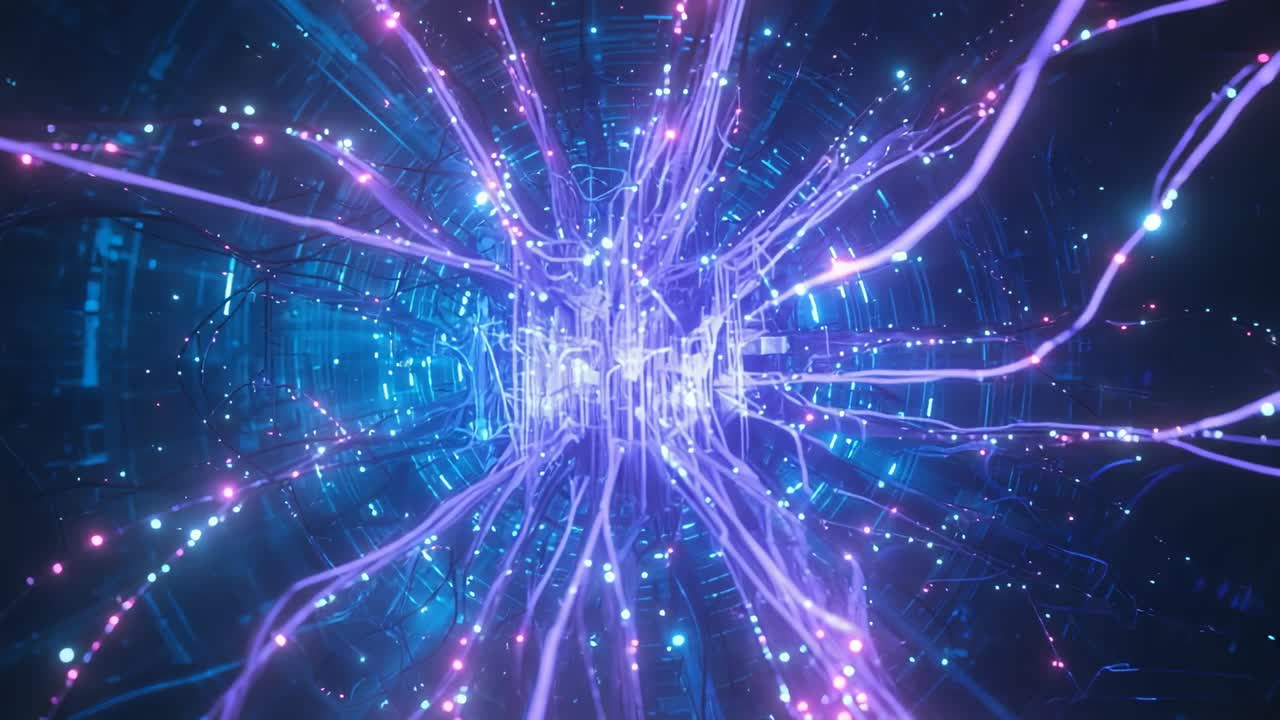 Receiving pulse, network of glowing strands radiating through grid tube, with pulsating core