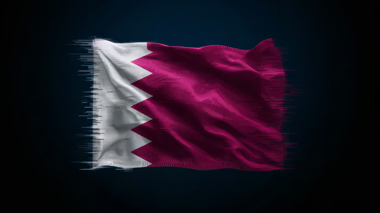 Animazione della bandiera del Qatar che ondeggia su uno sfondo scuro, che mostra il lato del pennone a nove punte e la linea di scansione glitch
