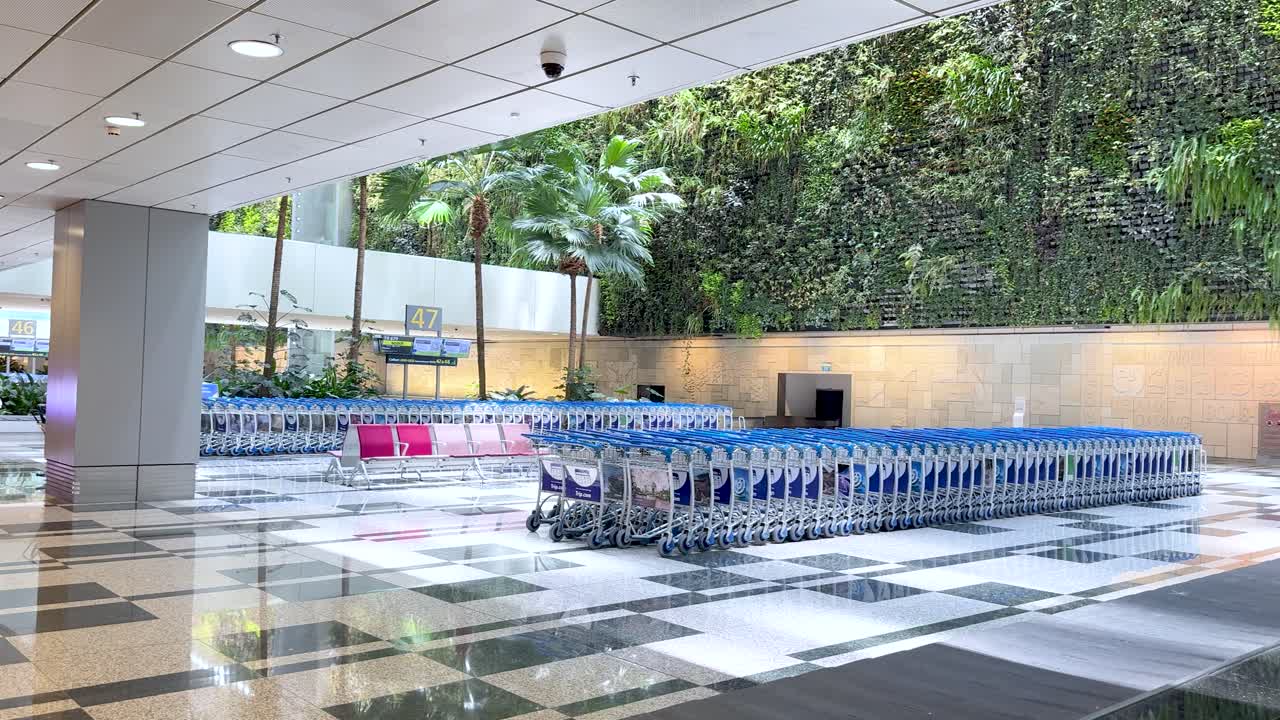 Una toma panorámica amplia de una terminal de aeropuerto espaciosa que cuenta con una exuberante pared vegetal.