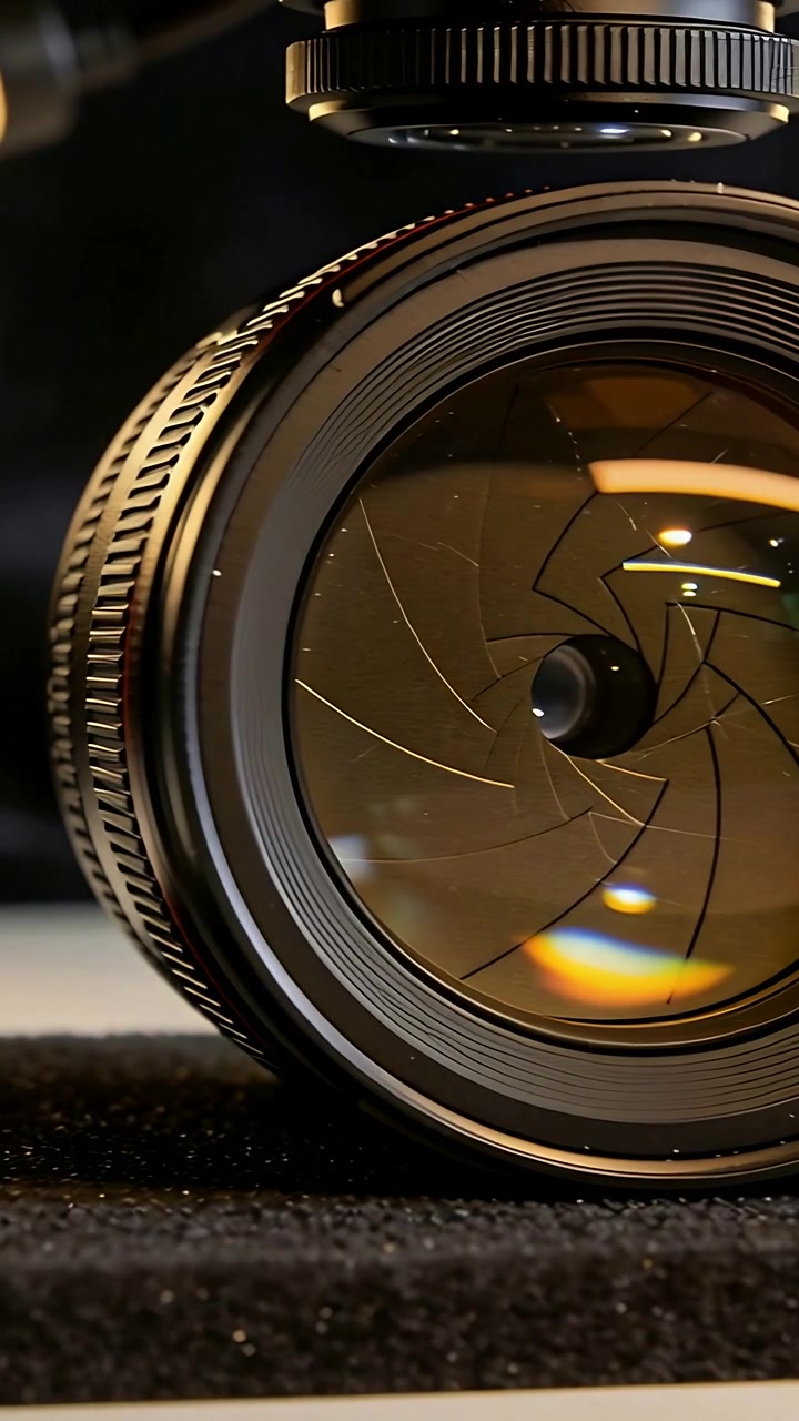 Video verticale: Mostrando l'obiettivo di una fotocamera che riceve un comando, con le lamelle del diaframma che si aprono su un tappetino scuro