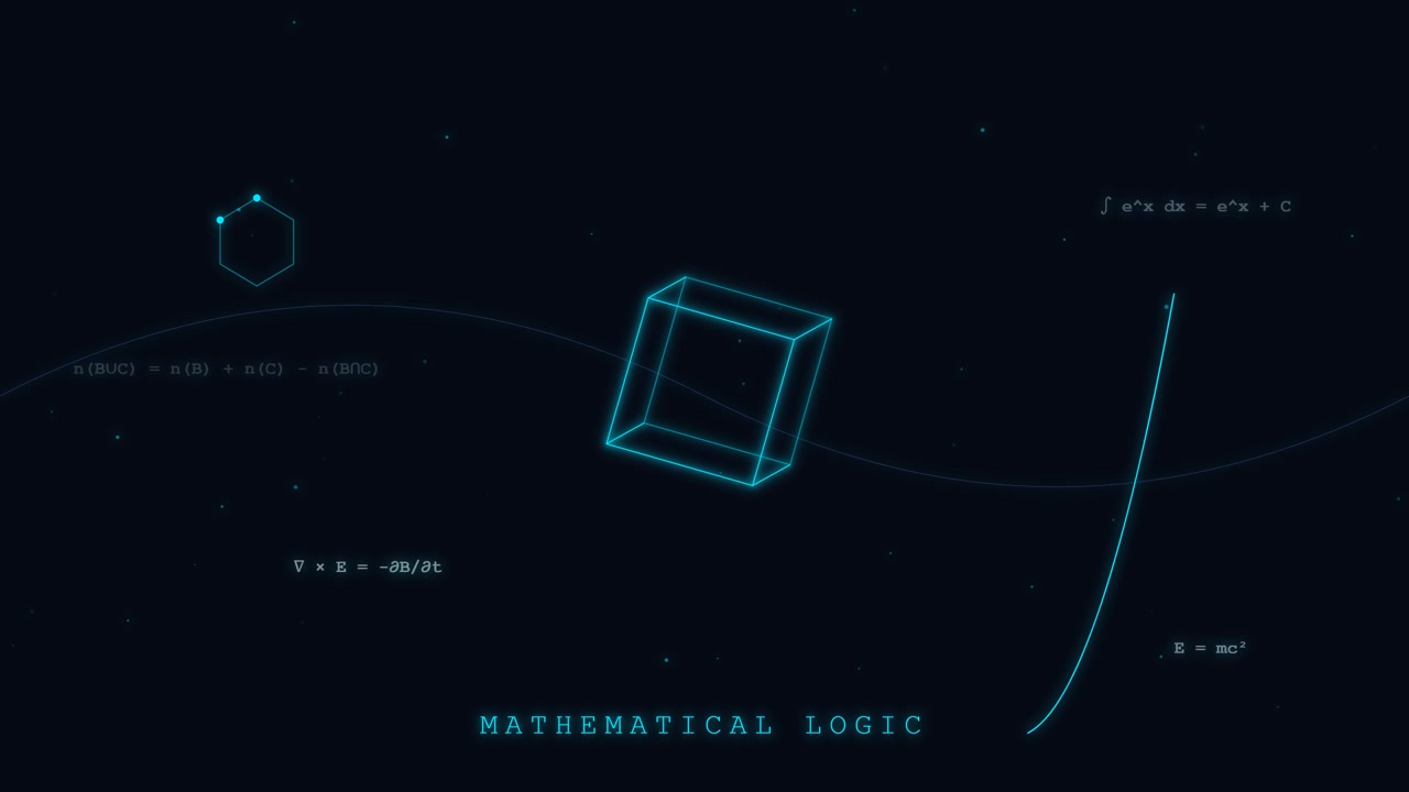 Rotating Neon Cube with Floating Mathematical Formulas on Dark Background