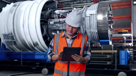 asian male engineer with safety helmet working on a tablet while standing with airplane engine maintenance conducted, analytics checking the turbine